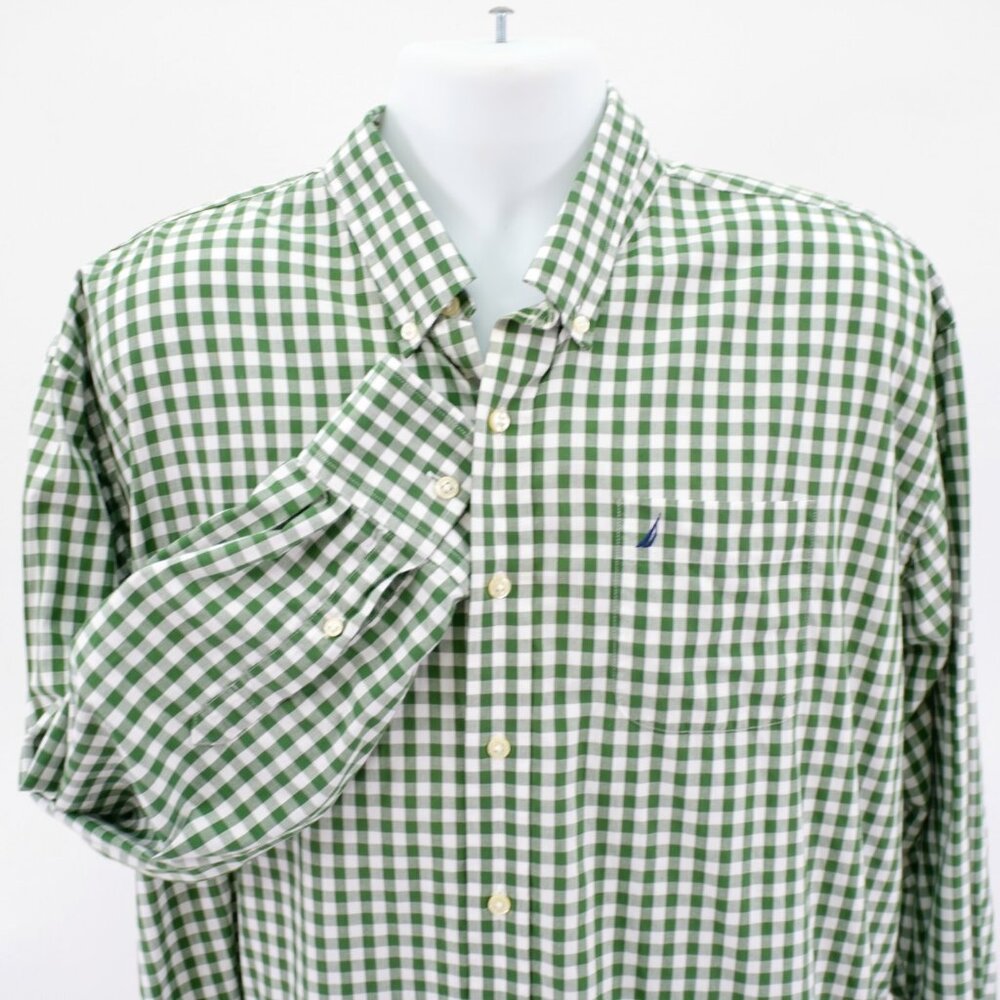 Nautica Green White Plaid Pocket Front Button Down 18 34 / 35 Pocket Classic Fit